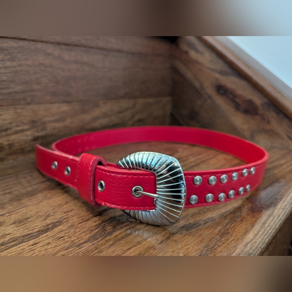 Vintage Western Red Belt with Silver Accents Vegan Leather Sz M